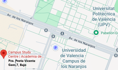 Ubicación Academia Campus Study Centre junto a Universidades Valencia y Politécnico