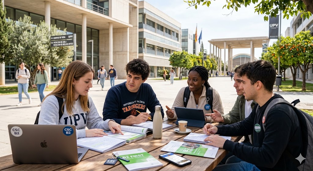b2-first-cambridge-valencia-academia-upv-uv-alumnos-carrasca.jpg Grupo de alumnos universitarios de la UPV Vera y UV Tarongers colaborando en su preparación para el examen B2 First de Cambridge en la academia Campus Study Centre, junto a sus facultades en el barrio de La Carrasca, Valencia.